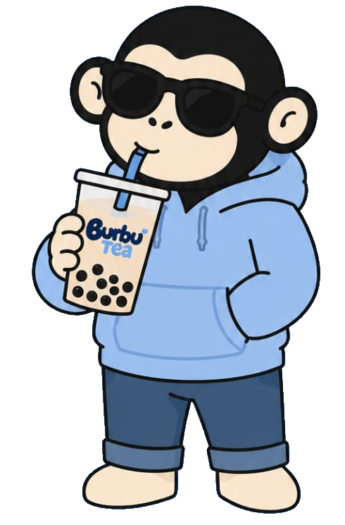 La mascota de Burbu Tea te espera con un bubble tea