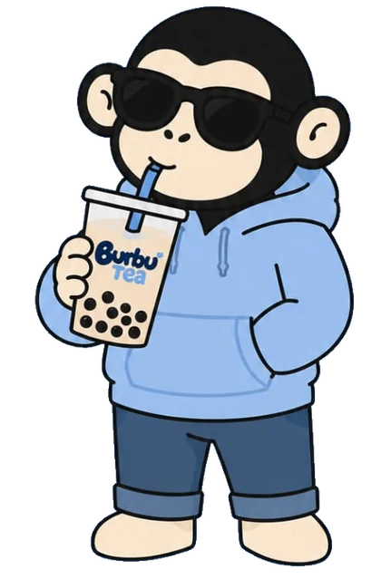Monito de Burbu Tea con su bebida